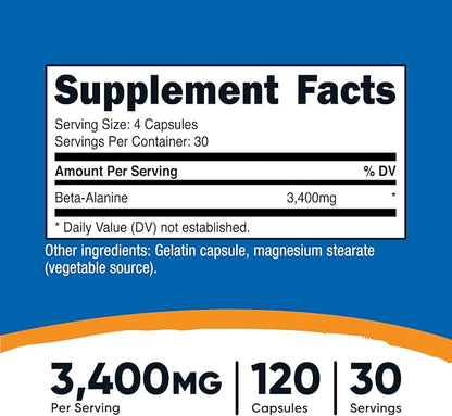 Nutricost Beta-Alanine Capsules 3400mg, 120 Caps (30 Serv) - Potent Beta Alanine, Gluten Free & Non-GMO, 850mg Per Cap