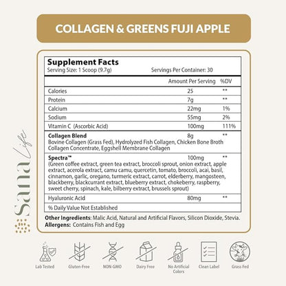 Collagen & Greens Powder, Multi-Collagen Supplement with Hyaluronic Acid for Skin, Hair, Nail & Gut Health - 30 Servings (Apple)