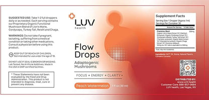 LUV Flow Drops®: Adaptogen Mushroom Blend for Mental Clarity & Energy, Vegan Keto, Focus & Immunity Support, Lion's Mane, Cordyceps, Reishi, USA Made, Non-GMO, 30 Servings (1)