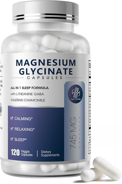 Magnesium Glycinate Supplement with L-Theanine, Chamomile & GABA – Supports Sleep, Calmness, Muscle Relaxation for Men & Women – Vegan, High-Absorption, 120 Capsules