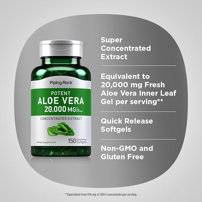 Piping Rock Aloe Vera Softgel Capsules | 20000mg | 150 Pills | Concentrated Extract Supplement | Non-GMO, Gluten Free