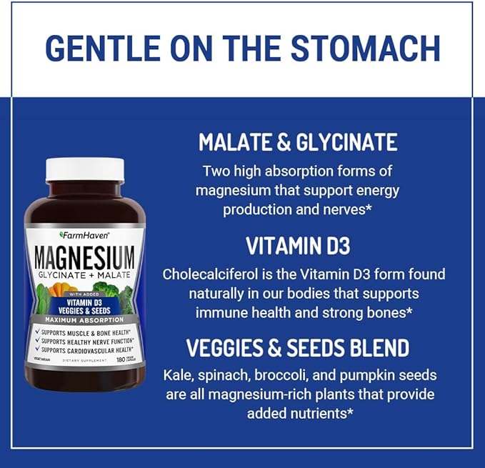FarmHaven Magnesium Glycinate & Malate Complex w/Vitamin D3, 100% Chelated for Max Absorption, Vegetarian – Bone Health, Nerves, Muscles, 180 Capsules, 90 Days
