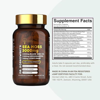 Dr Sosnowski's BioActive Sea Moss | 8-in-1 Formula Enriched with Black Seed, Ashwagandha, Turmeric, Manuka Honey, Lion's Mane, Royal Jelly, Bee Propolis Extract | 60 Capsules
