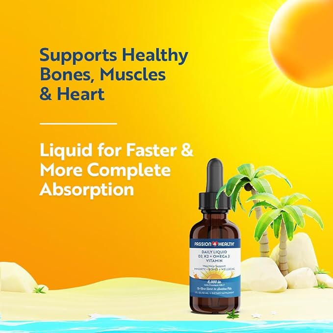 Passion 4 Health Organic Liquid Vitamin D3 (5000IU) + K2 (Mk-7) + Omega 3 Supplement - Support for Healthy Bones and Muscles (1)