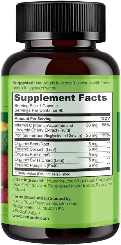 NATURELO Vegan Iron Supplement with Vitamin C and Organic Whole Foods - Gentle Iron Pills for Women & Men with Iron Deficiency Including Pregnancy, Anemia and Vegan Diets - 90 Mini Capsules