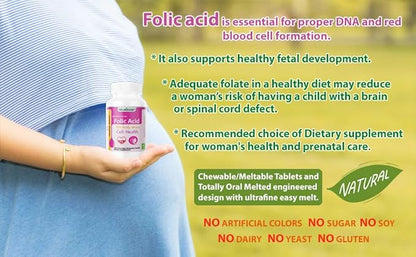 Folic Acid 400 mcg Buccal Lozenge Tablets – Slow-Dissolving for Fast Absorption, Prenatal & Neural Tube Support, Sugar-Free, 100 CT