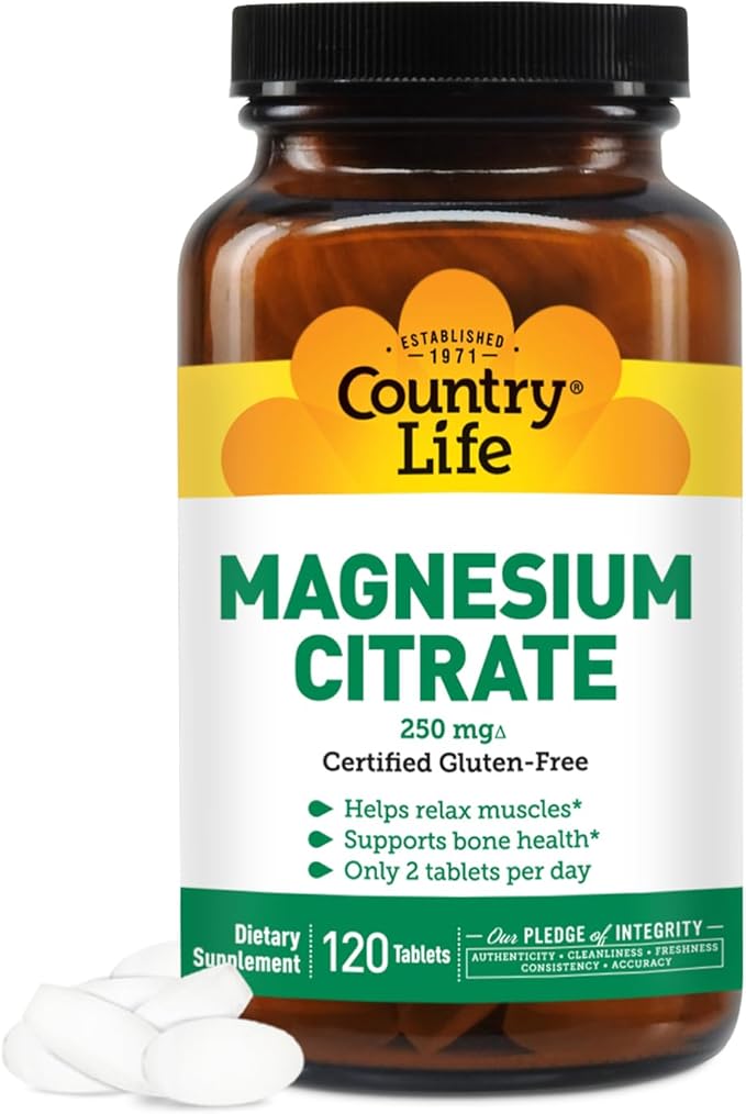 Country Life Magnesium Citrate 250mg - 120 Tablets - Supports Muscle & Nerve Function, Heart Rhythm, Healthy Immune System, Energy Production - Magnesium Complex Supplement