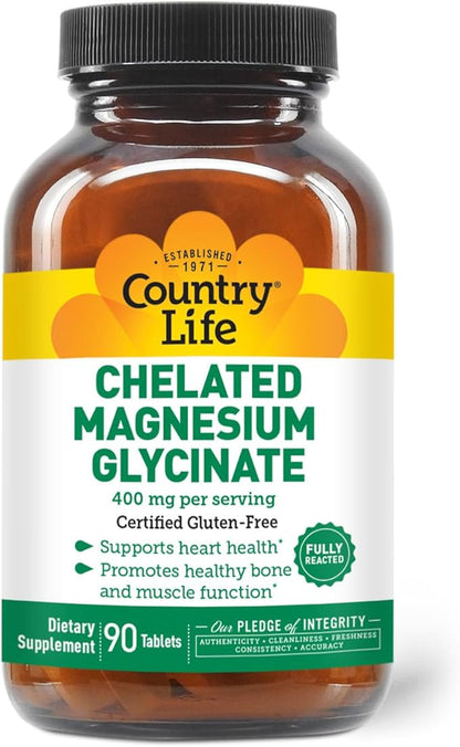 Country Life Chelated Magnesium Glycinate 400mg, 90 Tablets, Certified Gluten Free, Certified Vegan, Certified Halal, Non-GMO Verified