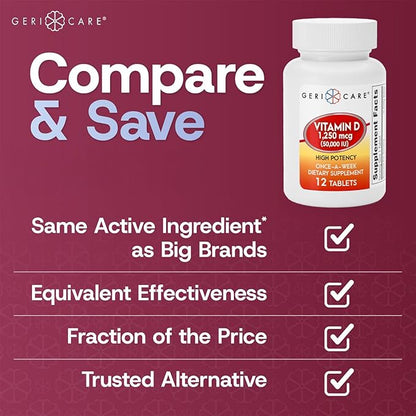 GeriCare Vitamin D 1,250mcg (50,000 IU) High Potency Once-A-Week Dietary Supplement, 12 Count (Pack of 2)