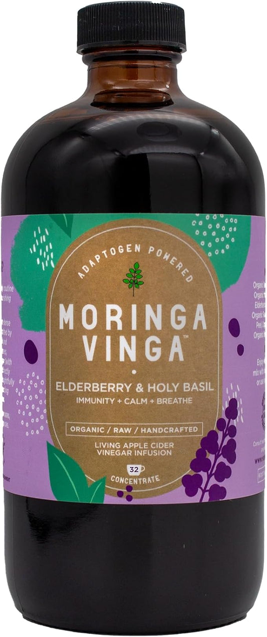 VINGA Organic Elderberry & Holy Basil Moringa Infusion – Daily Herbal Tonic with Apple Cider Vinegar, Ginger, Hibiscus, Honey | Supports Immune & Overall Wellness | Non-GMO, 16 oz