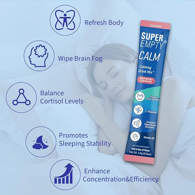 Calm Powdered Drink Mix, Cortisol Drink Mix Adaptogenic, Raspberry Lemonade Drink, L-Theanine, Ashwagandha, Magnesium Glycinate