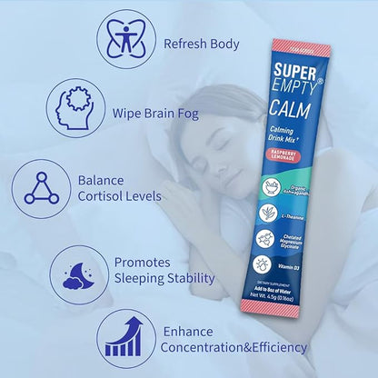 Calm Powdered Drink Mix, Cortisol Drink Mix Adaptogenic, Raspberry Lemonade Drink, L-Theanine, Ashwagandha, Magnesium Glycinate