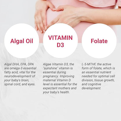 Vegan Prenatal with Full Specrum Omega-3 | Algae DHA, EPA, DPA, Vitamin D3 & Active Folic L 5-MTHF | Vegan Society Certified, Sustainably Sourced, Non-GMO & Soy Free | 120 Veggie Softgels