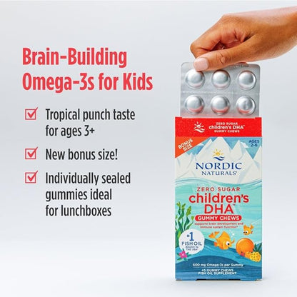 Nordic Naturals Zero Sugar Children’s DHA Gummy Chews, Tropical Punch - 45 Gummy Chews for Kids - 600 mg Total Omega-3s - Brain Development, Learning, Healthy Immunity - Non-GMO - 45 Servings
