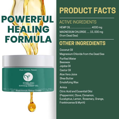 STIRLING Magnesium Cream - 4000mg Hemp Oil + Magnesium & Arnica - Promotes Relief for Joint and Muscle Discomfort, Back Support, and More - Made in USA with Premium Ingredients