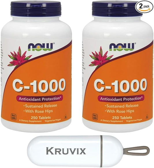 NOW Foods Supplements, Vitamin C-1,000 with Rose HIPS | Sustained Release, Antioxidant Protection* | 250 Tablets - Pack of 2 with Pill Organizer