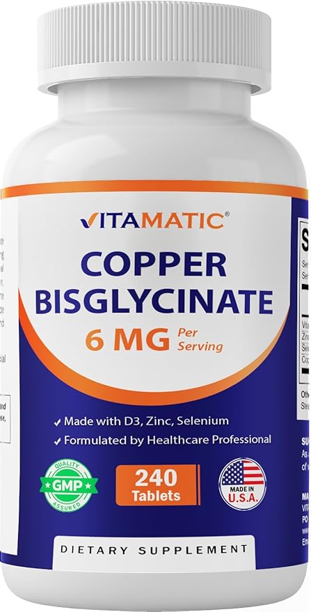 Vitamatic Copper Bisglycinate 6 mg Made with Vitamin D3 2000 IU, Zinc 50mg, Selenium 50mcg - 240 Tablets - Non-GMO & Gluten Free