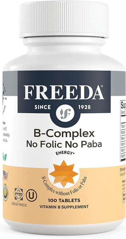 Freeda Vitamin B Complex No Folic No PABA - Super B Complex Kosher Vitamin Supplement with Vitamin B1 Vitamin B2 Vitamin B3 Vitamin B5 Vitamin B6 Vitamin B12 - Vit B Complex B for Women & Men (100 Ct)