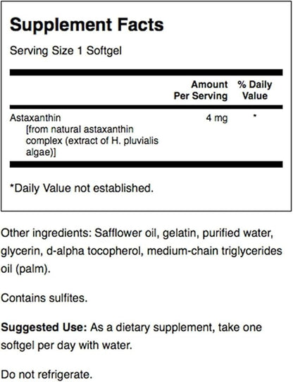 Swanson Astaxanthin Eye Vision Brain Skin Health Antioxidant Support Supplement (Astaxanthin 4 mg) 60 Softgels Sgels