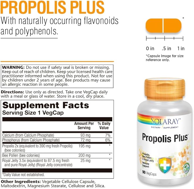 SOLARAY Propolis Plus | Healthy Immune System Support with Propolis, Bee Pollen & Royal Jelly | 90 VegCaps