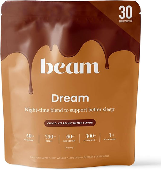 Beam Dream Sleep Powder, Natural Sleep Aid and Magnesium Hot Cocoa Drink for Adults, Calming Sleep Supplement with Apigenin, Nighttime Sleep Drink Powder, Third Party Tested Supplement, 30 Servings