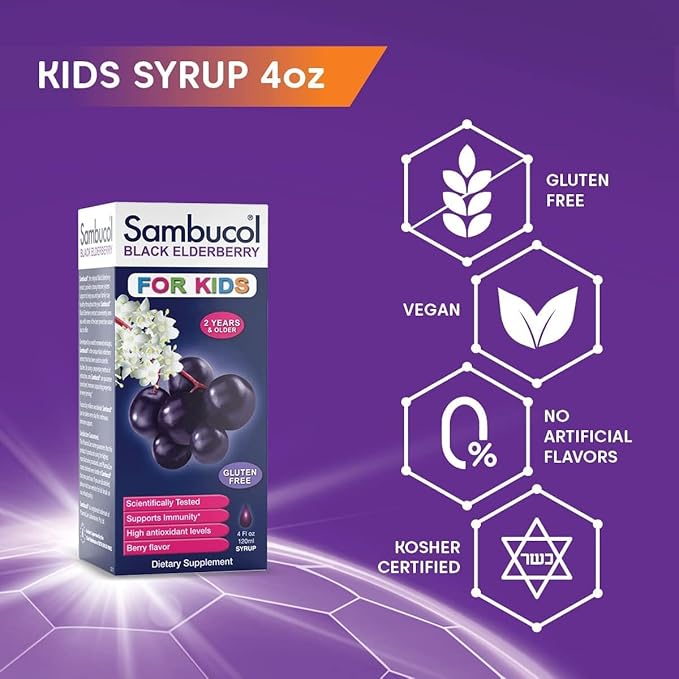 Sambucol Black Elderberry Syrup for Kids - Elderberry Extract, Elderberry Syrup, Black Elderberry for Kids & Toddlers, Sambucus Immune Support Supplement - 4 Fl Oz (Pack of 6)