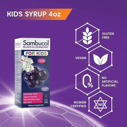 Sambucol Black Elderberry Syrup for Kids - Elderberry Extract, Elderberry Syrup, Black Elderberry for Kids & Toddlers, Sambucus Immune Support Supplement - 4 Fl Oz (Pack of 6)