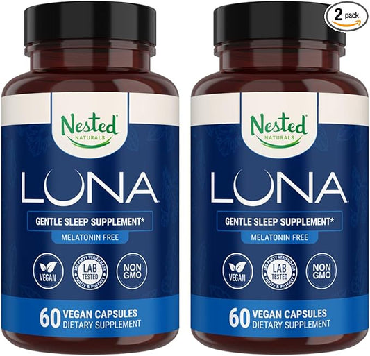 Nested Naturals Luna Melatonin-Free Pack of Two, Bedtime Supplement for Adults, Herbal Nighttime Sleeping Capsule, Valerian Root with Chamomile, Lemon Balm, Non-GMO, Gluten-Free