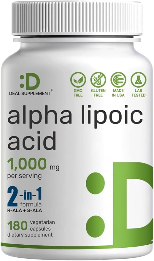 Alpha Lipoic Acid 1,000mg, 180 Veggie Capsules – 50/50 R-ALA & S-ALA for Max Bioavailability – Antioxidant Supplement – Energy & Nervous System Support – Non-GMO