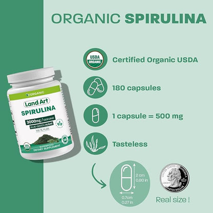 Land Art Certified Organic Spirulina - 180 Capsules - Superfood- Rich in Minerals, Vitamins and proteins - Vegan