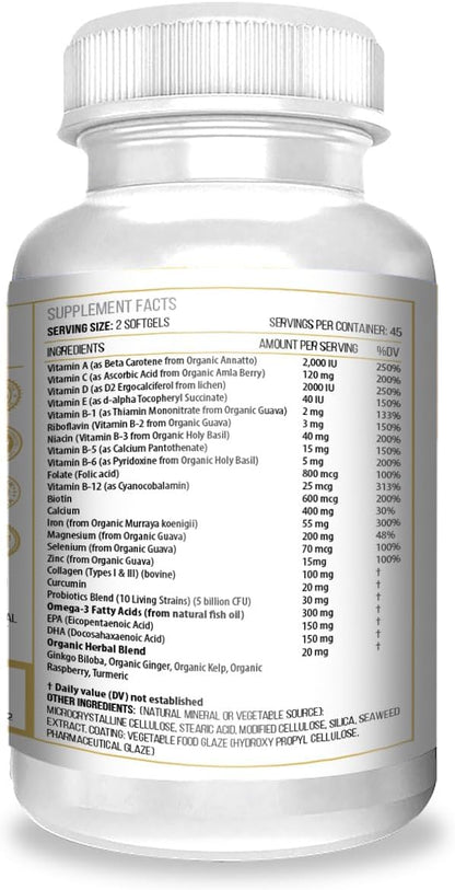 ACTIF Organic Multivitamin for Women Age 70+ with 20+ Advanced Factors and Omega-3 Oil, Non-GMO, Made in USA, 90 Count RealCaps