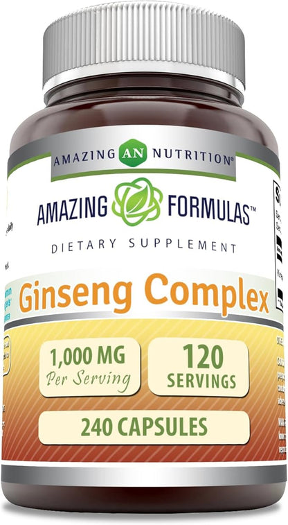 Amazing Formulas Ginseng Complex 1000mg of 4:1 Korean Ginseng Extract, Capsules Supplement | Non-GMO | Gluten Free | Made in USA (240 Count)