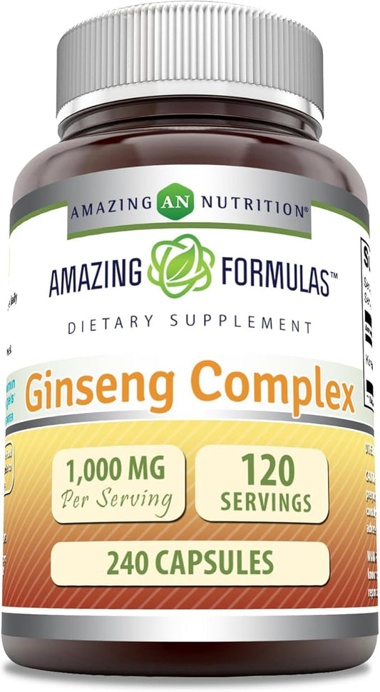 Amazing Formulas Ginseng Complex 1000mg of 4:1 Korean Ginseng Extract, Capsules Supplement | Non-GMO | Gluten Free | Made in USA (240 Count)