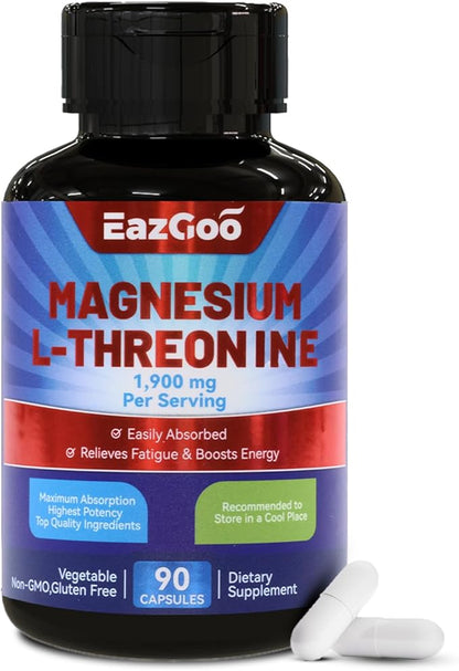 Magnesium L-Threonine 1900mg Supplement | High Absorption Mineral Magnesium Capsules for Bone & Muscle Support | 90 Counts Premium Bioavailable Formula