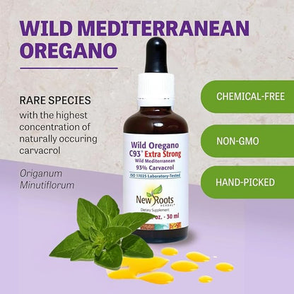 New Roots | Wild Oregano Oil Extra Strong | 93% Carvacrol Oregano Oil Liquid Drops (1 fl oz) | Highest Concentration of Carvacrol |Alcohol Free, Non GMO, Vegan, Gluten Free