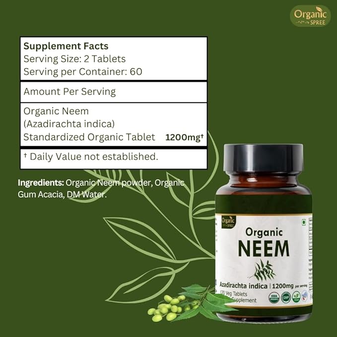 NEEM 120 Tablets | Azadirachta Indica (Neem) | USDA Organic Certified | Healthy Skin and Detox | Organic and Natural 120tab - Pack of 2