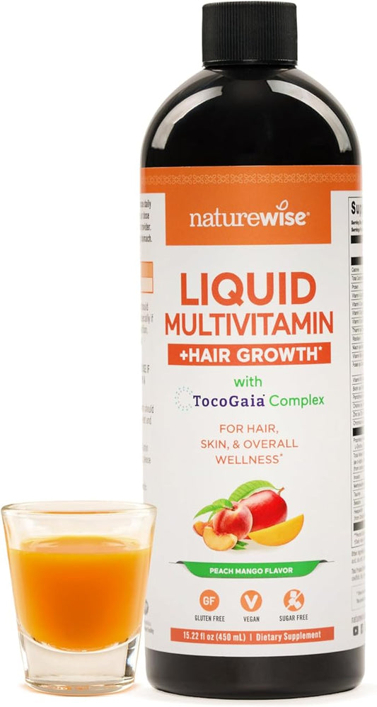 NatureWise Liquid Multivitamin Hair Growth for Women & Men + Clinically Proven Tocogaia®, Biotin, Vitamin D, E, B - Sugar Free Multivitamin for Hair Growth & Skin Elasticity - 15 fl oz[15 Servings]