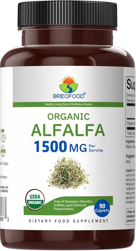 Brieofood Organic Alfalfa 1500mg, 45 Servings, Vegetarian, Gluten Free, 90 Vegetarian Tablets