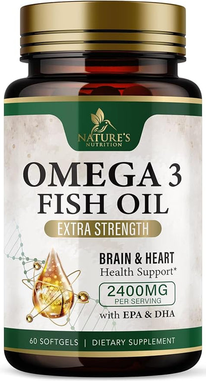 Triple Strength Omega 3 Fish Oil Supplement, EPA & DHA Fish Oil Omega 3 Essential Fatty Acids Supplement Softgels, 2400mg Brain & Heart Health Support Supplements - Gluten Free, Non-GMO, 60 Softgels