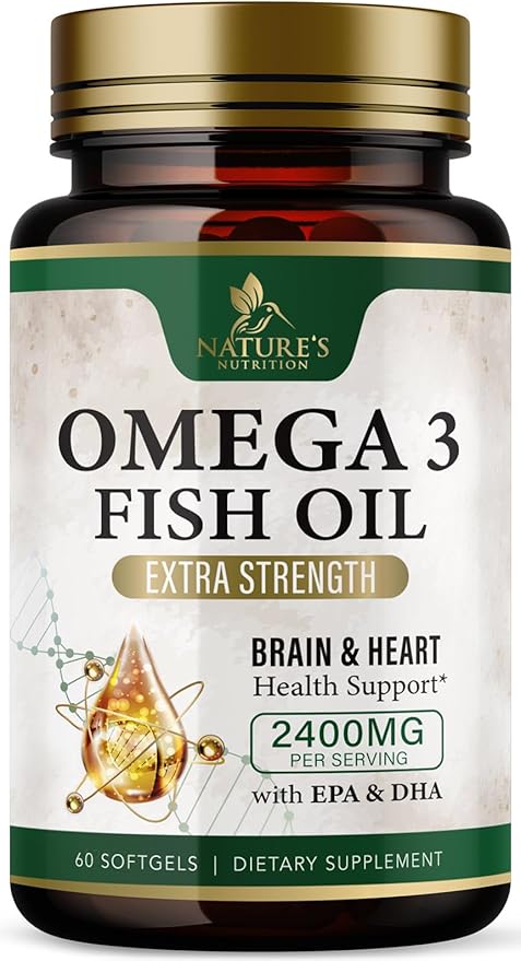 Triple Strength Omega 3 Fish Oil Supplement, EPA & DHA Fish Oil Omega 3 Essential Fatty Acids Supplement Softgels, 2400mg Brain & Heart Health Support Supplements - Gluten Free, Non-GMO, 60 Softgels