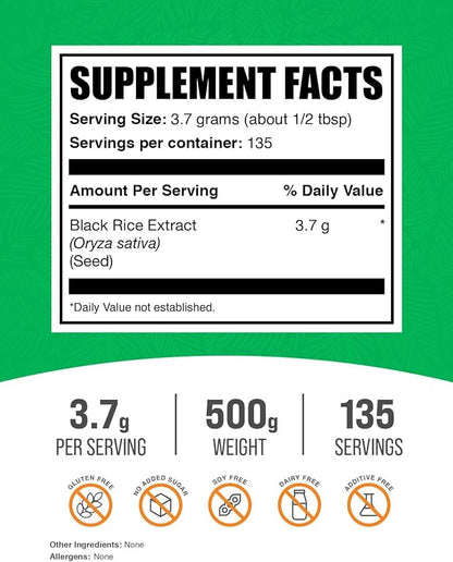 BulkSupplements.com Black Rice Extract Powder - Black Rice Powder, Gluten Free Supplement - Unflavored, 3.7g per Serving, 500g (1.1 lbs) (Pack of 1)
