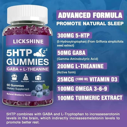 2 Pack 300MG 5-HTP GABA Sleep Supplement Gummies with 200mg L-Theanine Supplement for Brain, Mood Stabilizer and Sleep Support, Melatonin-Free, Omega 3-6-9 for Natural Zzzs, Blueberry Flavor