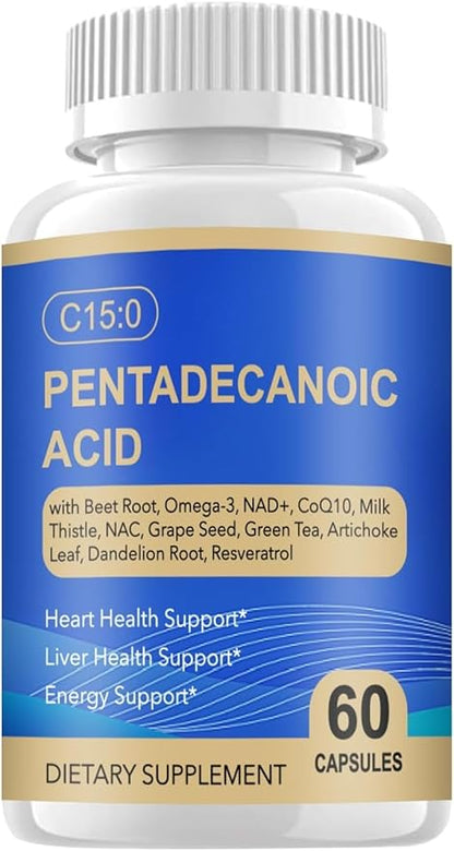 C15:0 Pentadecanoic Acid Supplement with Omega-3, CoQ10, NAD+, Vitamins, 15-in-1 Pentadecanoic Acid, Essential Fatty Acids for Longevity Supplement, Liver Health, Energy Support - Pack of 1
