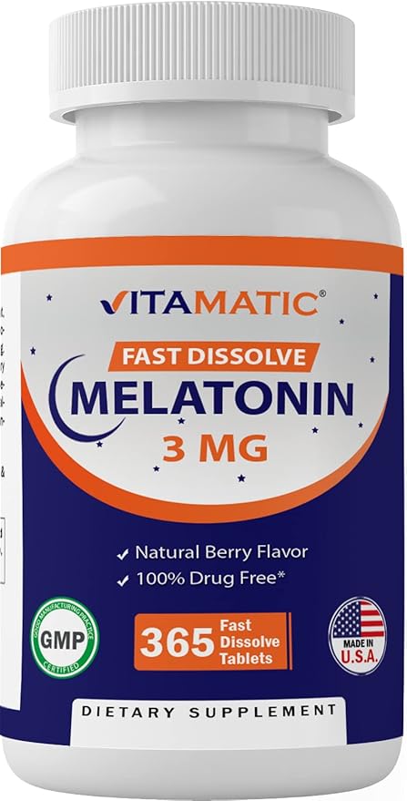 Vitamatic Melatonin 3mg Tablets | Vegetarian, Non-GMO, Gluten Free | 1 Year Supply | Natural Berry Flavor - 365 Tablets