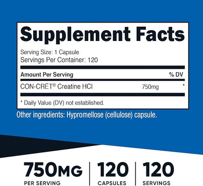 Nutricost Creatine HCl 120 Capsules - Made with CON-CRET Creatine, 750 MG Per Capsule
