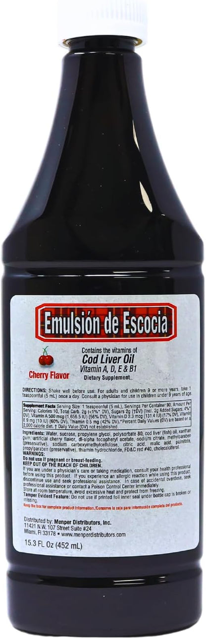 Cod Liver Oil, Dietary Supplement, Vitamins A, B1, D and E, Immune System Support, Cherry Flavor (15.3 Fl Oz/Pack of 1)