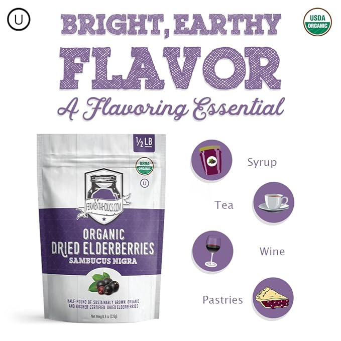 Fermentaholics | USDA Organic Dried Elderberries - 1 LB | All Natural Free of Chemicals | for Syrup, Gummies, Kombucha, Tea, and Wine | Sambucus Nigra | Elderberry Syrup Instructions Included