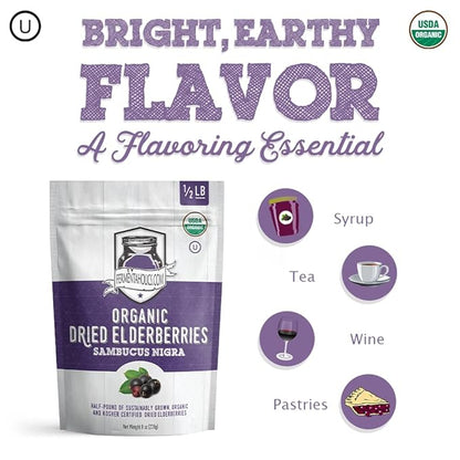 FERMENTAHOLICS | USDA Organic Dried Elderberries - 8 oz | All Natural Free Of Chemicals | For Syrup, Gummies, Kombucha, Tea, and Wine | Sambucus Nigra | Elderberry Syrup Instructions Included