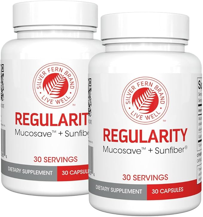 Silver Fern Brand Regularity Digestive Supplement - 1 Bottle = 30 Capsules = 30 Day Supply - Mucosave FG (Prickly Pear Polysaccharides & Olive Leaf Polyphenols) & SunFiber