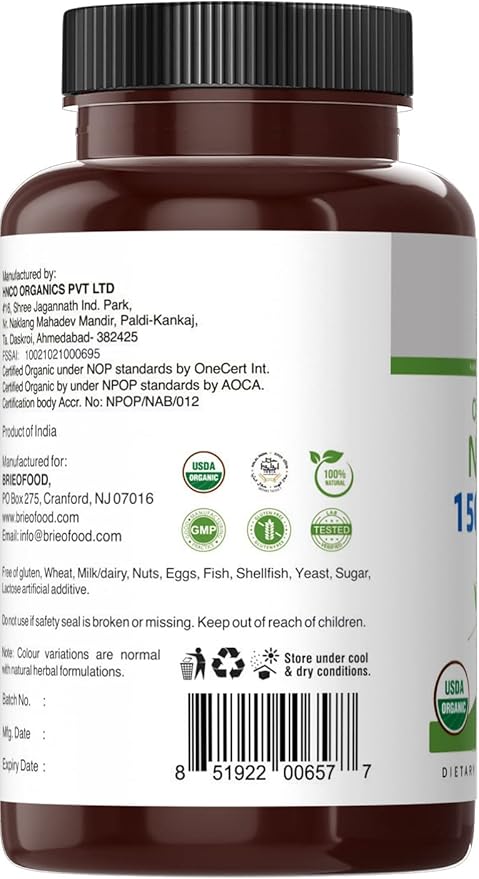Brieofood Organic Neem 1500mg, 45 Servings, Vegetarian, Gluten Free, 90 Vegetarian Tablets
